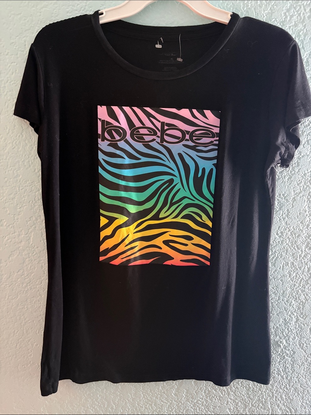 bebe Black Short-Sleeve Tee with Rainbow Zebra Print